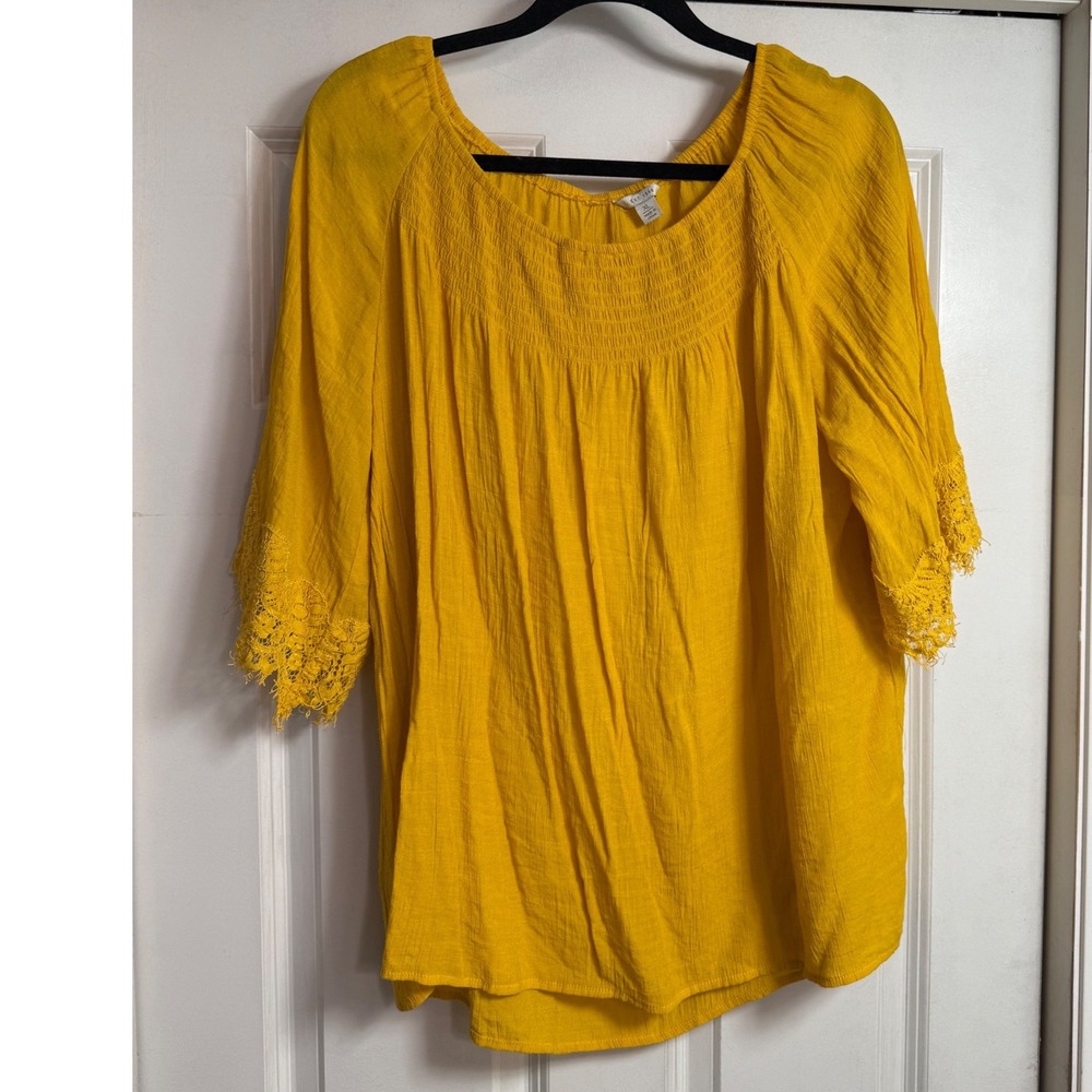 EST. 1946 Mustard Yellow Smocked Square Neck Lace Fringe Blouse XL Boho Peasant